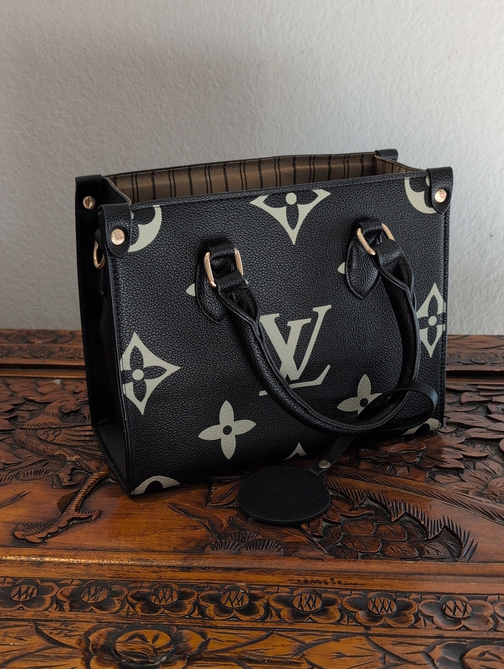 Louis Vuitton Black Monogram Tote with Cream Accents Crossbody Small All Leather